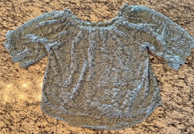 Umgee Off Shoulder Top Lace 3/4 Sleeve Boho-Style Scallop Edge Sage Large