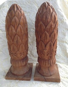 2 CARVED MAHAGONY WOOD ARTICHOKE FINIALS, HT 17”
