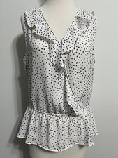 Banana Republic Sleeveless Peplum Crossover Top Blouse White w/Burgundy Dots M