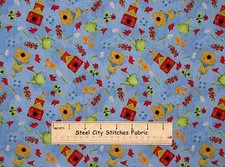Bird House Water Can Flower Floral Fabric By Yard Blue Cotton RJR Garden Frolic