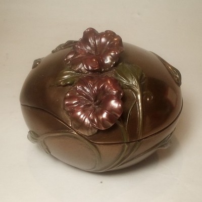 Summit Collection Bronze Like Round Embossed Floral Trinket Box Art Nouveau
