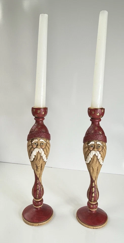 Woodland Santa Candlesticks Americana Folk Art Primitive Christmas Holiday - Image 2 of 4