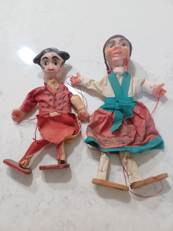 (2)Vintage Handmade International Marionette Puppets 13"-14"