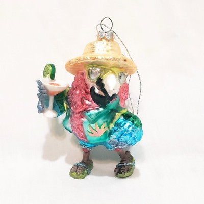 Beach Parrot Drinking Dancing Party Glass Resin Ornament 4'' Tropical Glitter