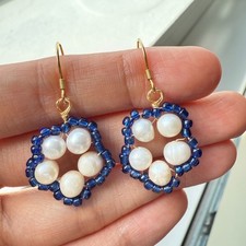 Natural Fresh Water Pearl Earrings Bridal 18K Gold Plated Blue Beaded Jewelry