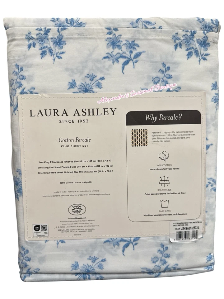 LAURA ASHLEY Victorian Bouquet Blue Floral KING SHEET SET 4P NEW COTTON PERCALE - Image 3 of 4