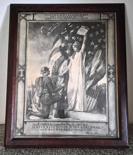 WWI Original World War 1 Wounded in Action Certificate - Framed