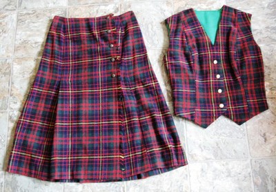 WOMEN'S VINTAGE MADISON TARTAN PLAID KILT AND MATCHING VEST SZ SMALL UNION LABEL