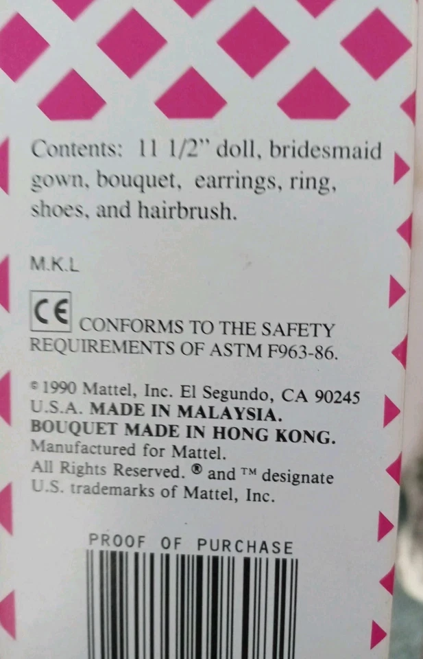 Barbie Mattel 1990 Muñeca Vintage Día de la Boda Preciosa Dama de honor, Lunares Rosa Foto 4 de 4