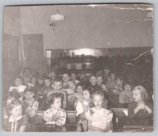 Vtg B&W Snapshot Group Classroom Children Plaid Dresses 1950s