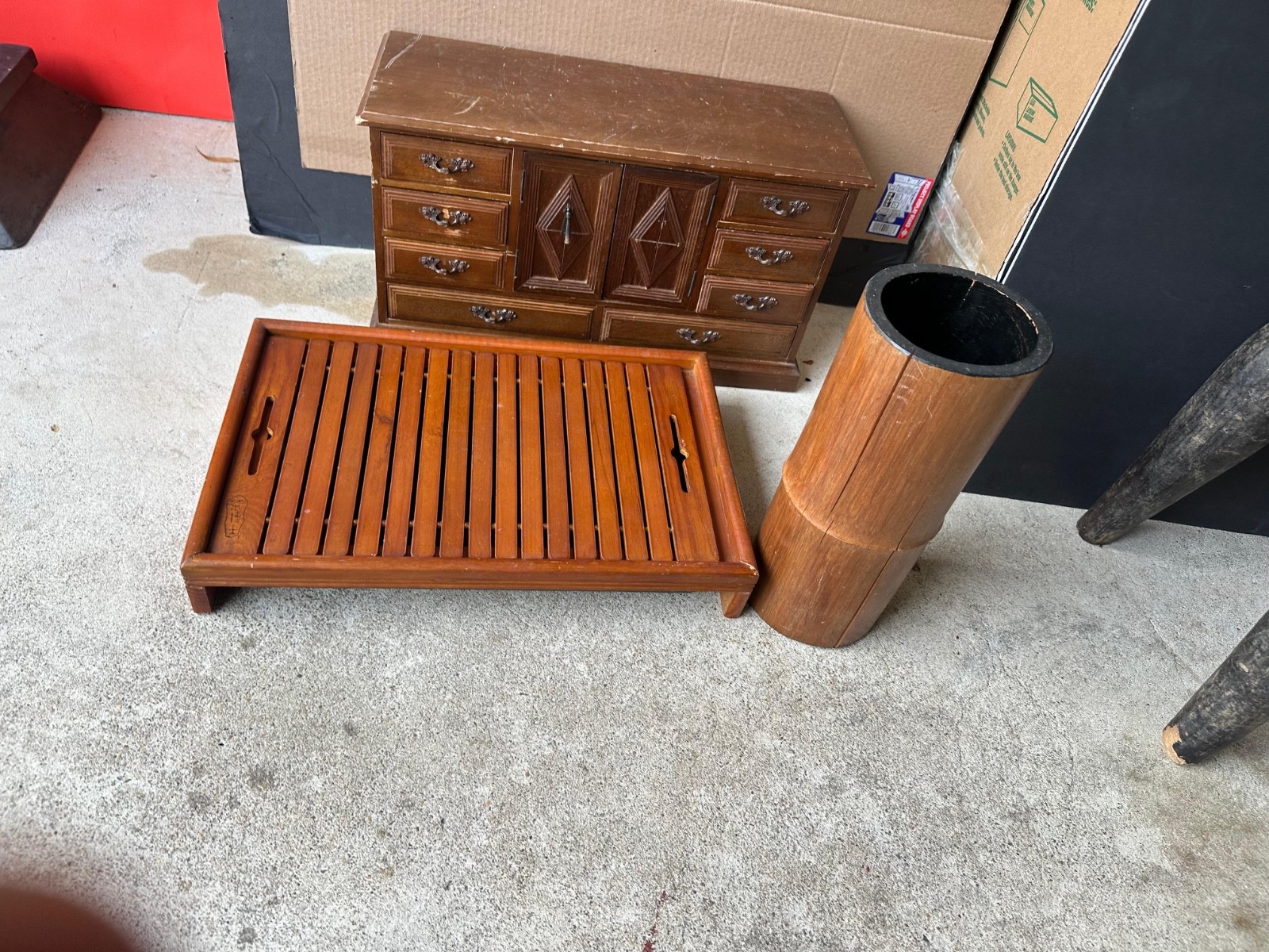 Vintage Chinese-Style Bamboo Gongfu Tea Tray & Brush Pot Holder Set
