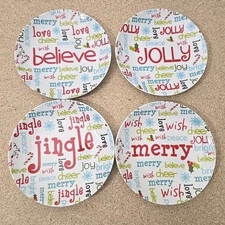 Christmas Holiday Plates Small  7in Set Of 4 Believe, Joy, Jingle, Merry 