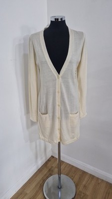 Uniqlo cremefarbene Strickjacke Medium V-Ausschnitt Knopfleiste Longline leicht NEU reine Wolle