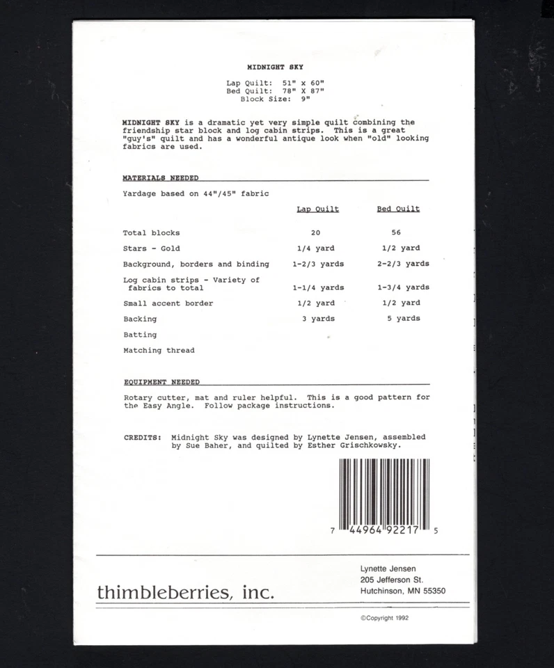 Midnight Sky Quilt Pattern, Lap or Bed Size, Thimbleberries LJ-92217 - Image 2 of 2