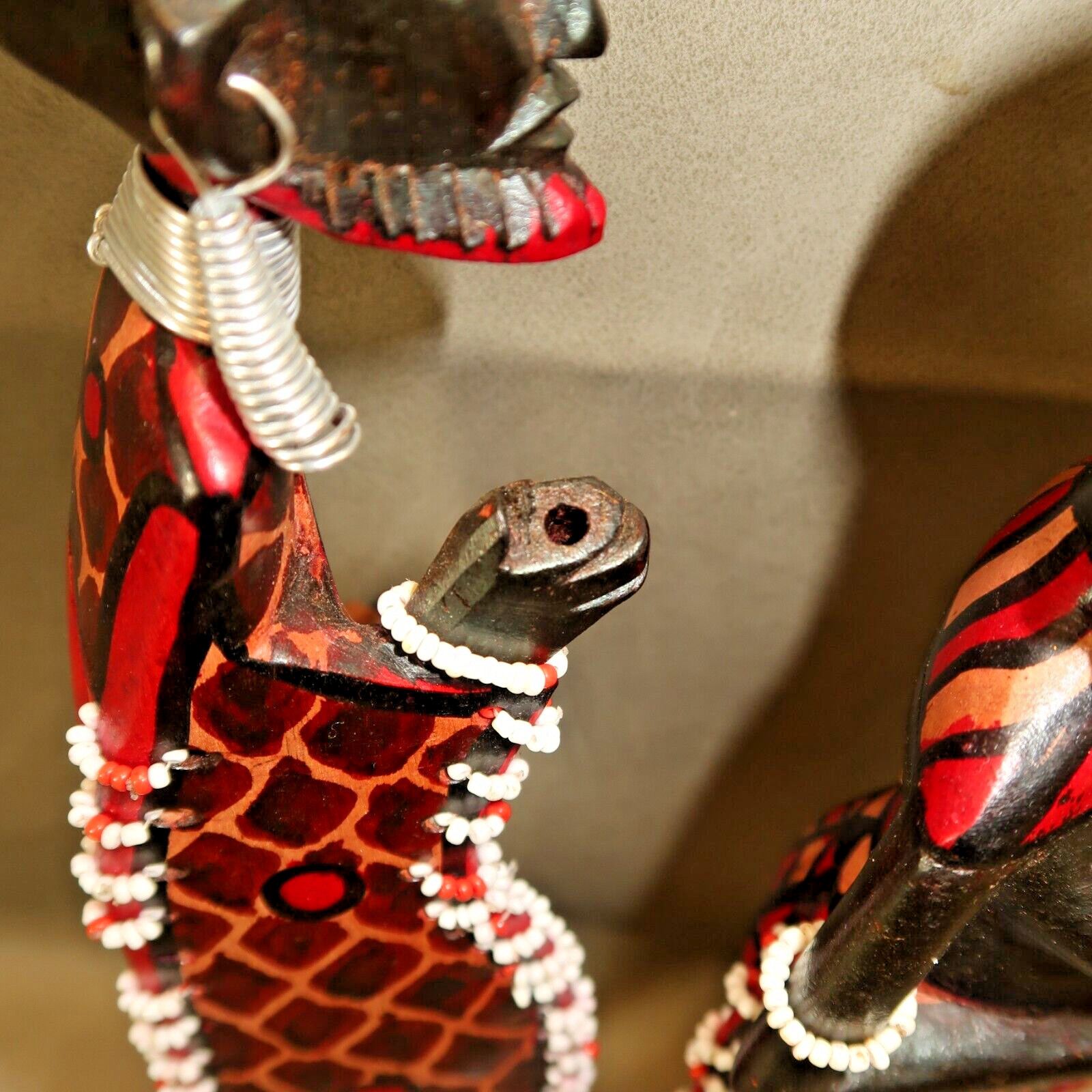 PAIR of Maasai African Mahogany Wood Woman and Man Beaded Figures Carved 12"