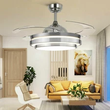 42" Invisible Ceiling Fan Light 3 Colors Retractable Blades LED Chandelier Lamp