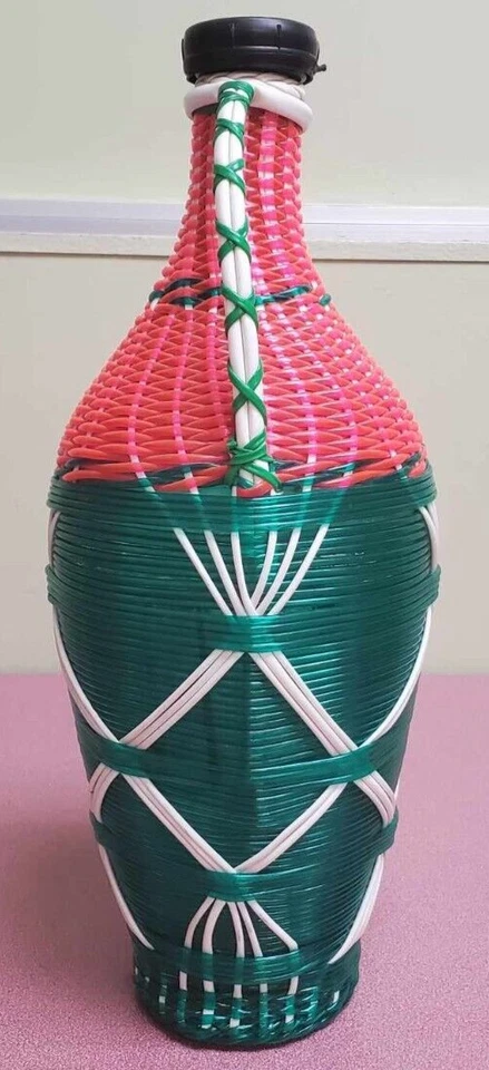 VTG Heavy Glass Plastic Wicker Wrapped Wine Bottle Jug w/ Wood Base - Image 4 of 4
