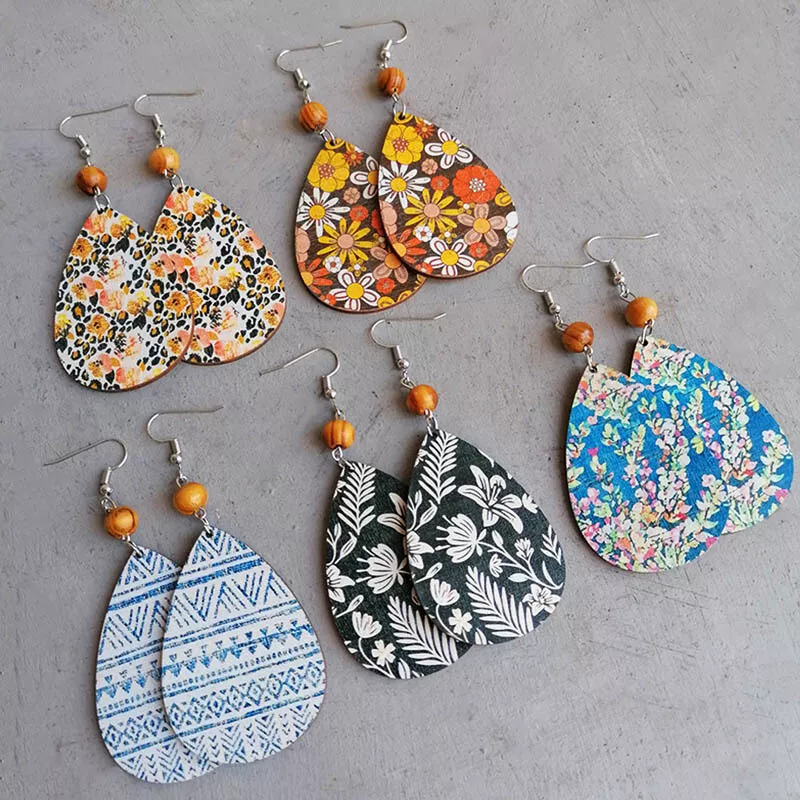 Wood Beaded and Paved Floral Pattern Wood Teardrop Dangle Earrings Wholesale