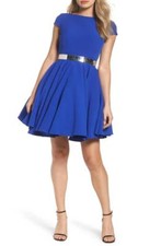 IEENA for MAC DUGGAL 25680i Royal Blue Gold Belted Pleat Skater Cocktail Dress 6