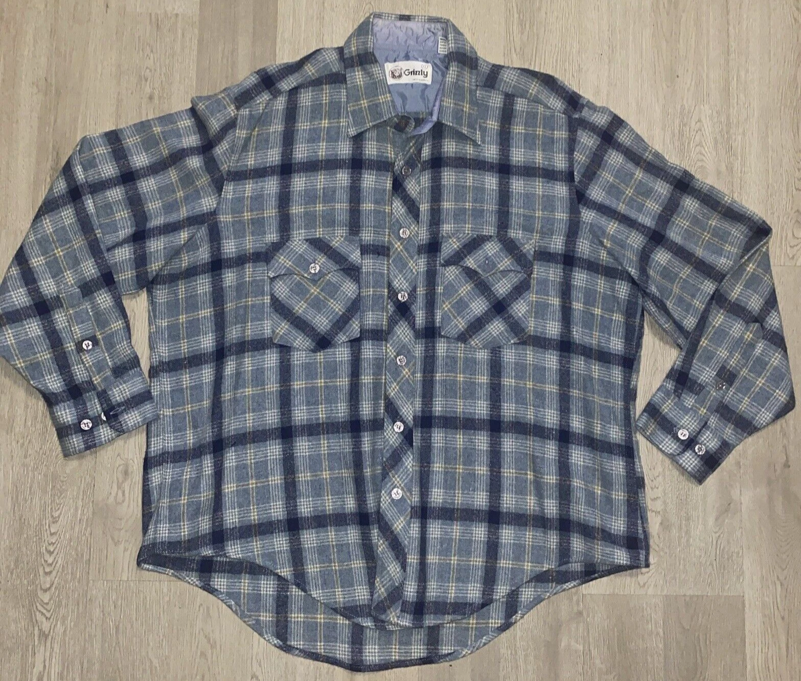 VINTAGE Grizzly Flannel Shirt XL Blue Wool Blend Plaid Outdoors