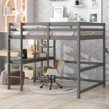 Full Size Loft Bed w/ Desk and Shelves Solid Wood Loft Bunk Bed For School Dorms