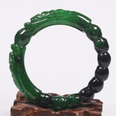 56mm Black Emerald Green Jadeite Jade Bangle Bracelet Hand-carved Dragons 09165