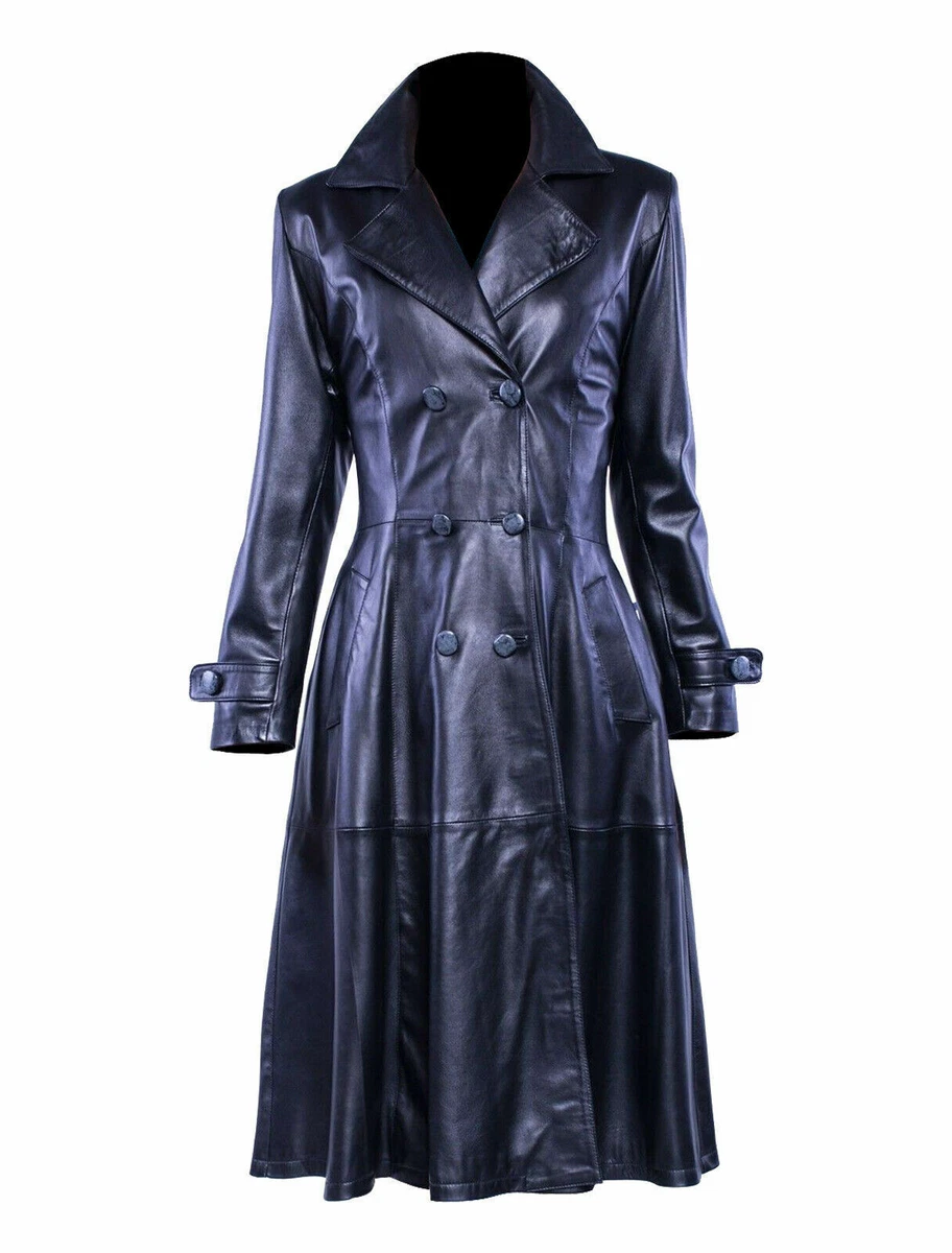 Womens Real Black Leather Trench Coat Steampunk Costume Long Coat Ladies Jacket