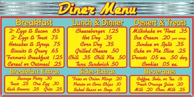 DINER MENU RESTAURANT 50s STYLE RETRO CAR HOP SIGN REMAKE ALUMINUM SIZE OPTIONS