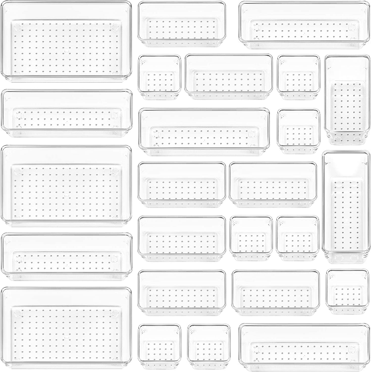 25-Piece Clear Plastic Drawer Organizer Set in 4 Sizes for Bathroom Vanity Storage
