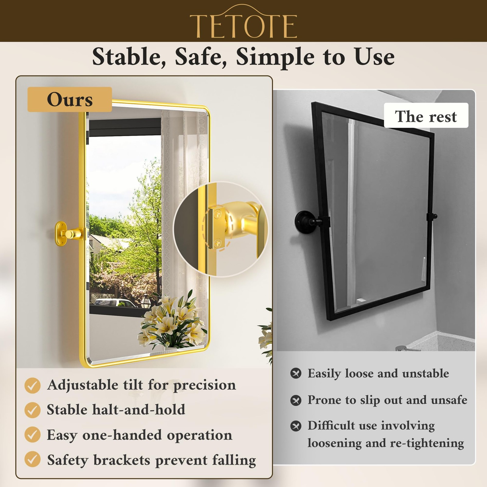 Pivot Mirror for Bathroom 20 x 30 Glossy Gold Tilt Rectangle Metal Framed Van... thumbnail 3