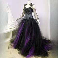 Gothic Wedding Dresses Black Purple Historical Medieval long sleeve laceup fairy