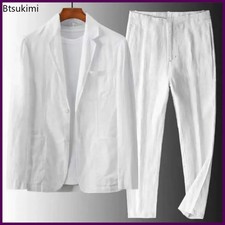 2026 Men's Suit Two Piece Set Fashion Solid Color Linen Blazer Jacket Pants