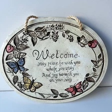 Polyresin Welcome Wall Plaque Oval Hanging Rope Butterfly & Floral Design