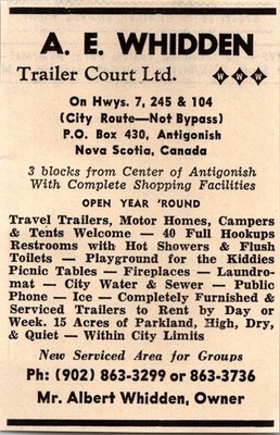 AE Whidden Trailer Court Ltd Albert Whidden Nova Scotia CAN 1974 Ad TAK6-S96
