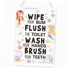 Wash Brush Wipe Flush Sign Kids Bathroom Wood Plaques Wall Decor,Funny Mermaid
