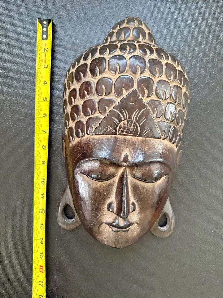 Hermosa Máscara Facial Cabeza de Buda Madera Tallada a Mano Colgante de Pared Estatuilla Foto 3 de 4