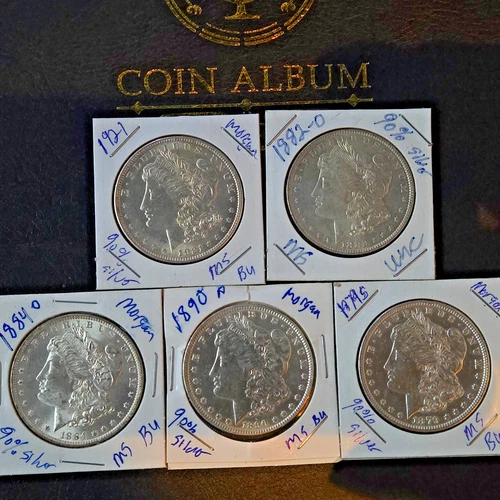 Lot of 5 Morgan Silver Dollars (1879-1921)- MS/BU Grade-High Luster-90% Silver