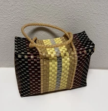 Browns and Tan Plastic Woven Picnic Basket Bag