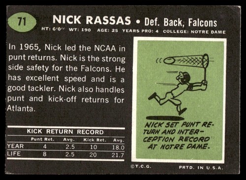 1969 Topps Football Card Nick Rassas RC Atlanta Falcons #71 EX - Picture 2 of 2