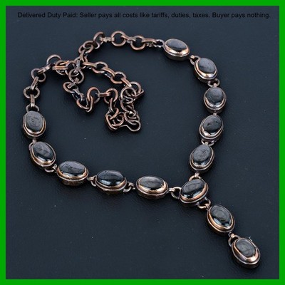 Copper Oval Natural Hypersthene Electroformed Engagement Chain Necklace Jewelry