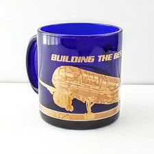 Vtg Boeing 757 Cobalt Blue Glass Gold Accents Coffee Tea Mug 100% Commited