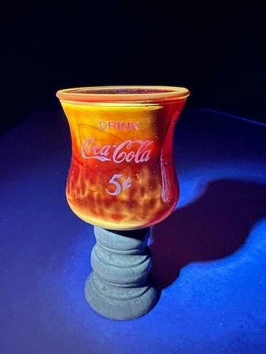 Vintage Coca Cola Red Glass Tea Candle Holder with Wood Base Glows!