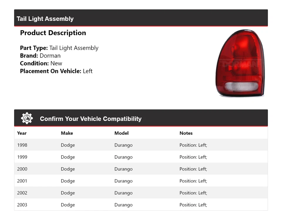Conjunto de luz trasera izquierda para Dodge Durango Dorman 1998-2003 1999 2000 2001 2002 Foto 2 de 4