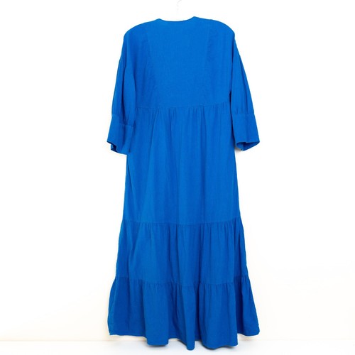 Zara Linen Maxi Dress Womens XS Tiered Cobalt Blue Casual Pullover A-line - Picture 2 of 9