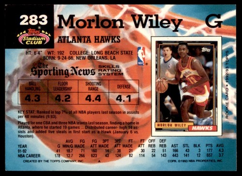 1992-93 Stadium Club Members Only #283 Morlon Wiley Atlanta Hawks - Picture 2 of 2