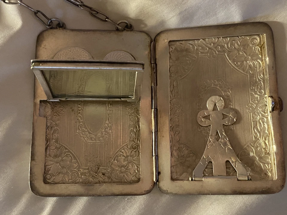 Vintage Silver Metal Coin Purse Compact Wallet Mirror Chain Antique 1900's - Image 3 of 4