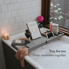 Luxury Bamboo Bathtub Tray- Gray Expandable Bath Tray - Adjustable Organize..