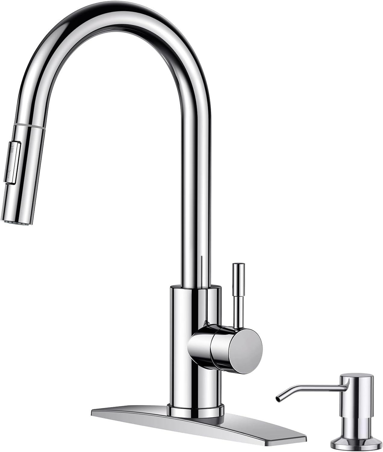 Modern High Arc Chrome Kitchen Faucet with Pull-Down Sprayer & Soap Dispenser