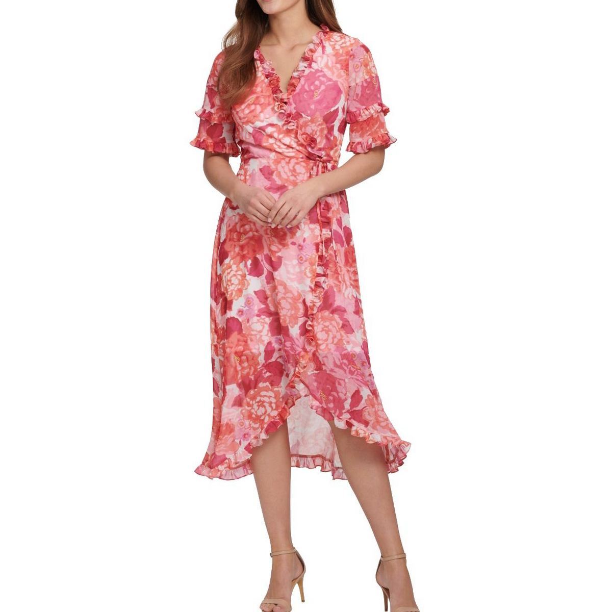 KENSIE NEW Women's Pink Multi Ruffled Floral-print Faux Wrap Dress 0 TEDO |  eBay