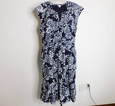 J Crew 100% Cotton Blue White Dress Elastic Waist Pockets and Ruffled Bottom